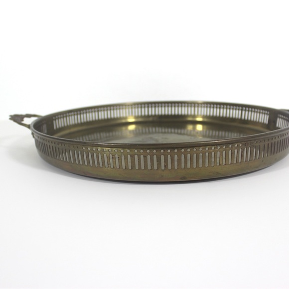 Vintage 12” Brass Gallery Tray with Floral Handles for Serving Drinks - Picture 7 of 8
